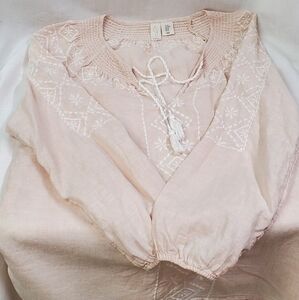 Joie Womens 100% Linen Light Pink L/S Embroidered Bohemian Top Medium